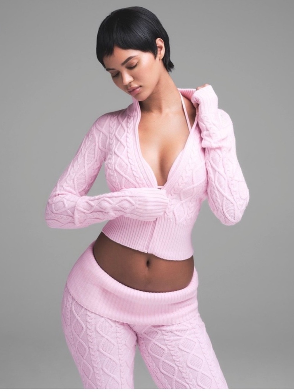 Skims Snow Bunny Cable Knit Zip Up Sweater Small Baby Pink Coquette Cozy Chic